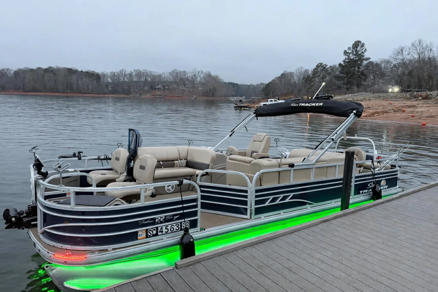 Reel Rabb pontoon lit up for an early morning striper trip